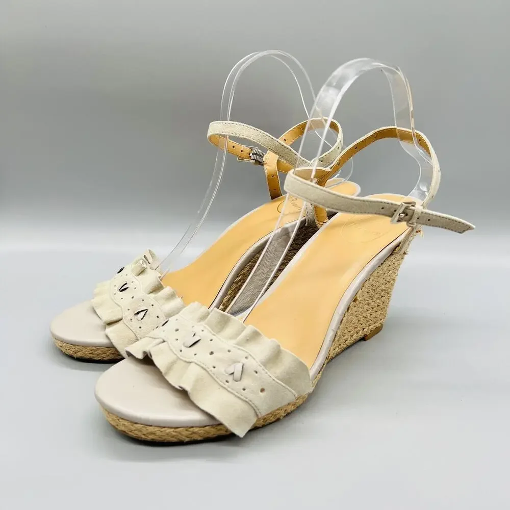 Jack Rogers Sandals Womens 10 Gray Suede Ankle Ruffle Espadrille Wedge Shoes